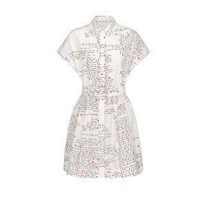 Dioramour Belted Shirtdress White Cotton and Silk Poplin with Black and Red Je Vous Adore Motif