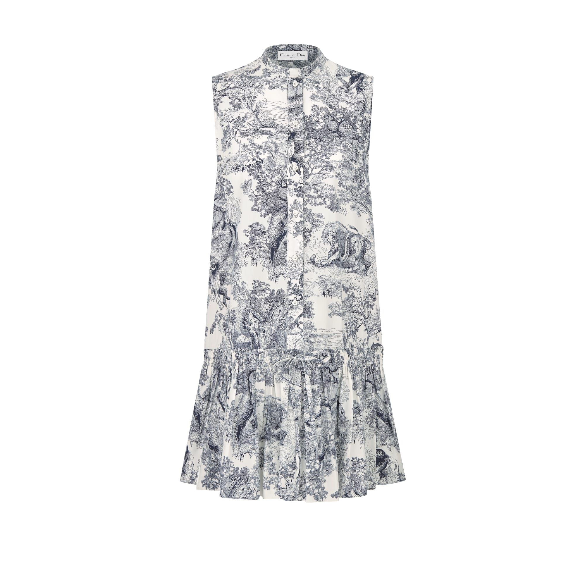 Dioriviera Straight Ruffled Dress White and Navy Blue Cotton and Silk Poplin with Toile de Jouy Sauvage Motif