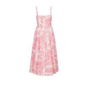 Dioriviera Flared Mid Length Dress White and Candy Pink Cotton and Silk Poplin with Toile de Jouy Sauvage Motif
