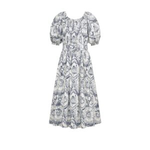 Dioriviera Flared Mid Length Dress White and Navy Blue Cotton and Silk Poplin with Toile de Jouy Soleil Motif