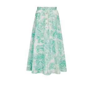 Dioriviera Flared Mid Length Skirt White and Aquamarina Cotton and Silk Poplin with Toile de Jouy Sauvage Motif