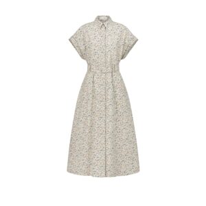 Dior Mid Length Shirt Dress White Cotton and Silk Poplin with Multicolor Libellule Camouflage Motif