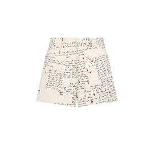 Dioramour Shorts White Cotton Denim with Black and Red Embroidered Je Vous Adore Motif