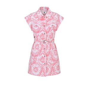 Dioriviera Short Shirt Dress White and Candy Pink Cotton Denim with Toile de Jouy Soleil Motif