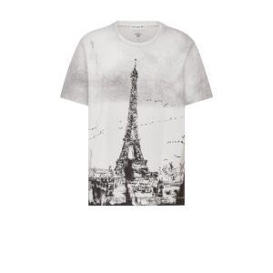 Dior T Shirt Black and White Cotton and Linen Jersey with Paris Motif
