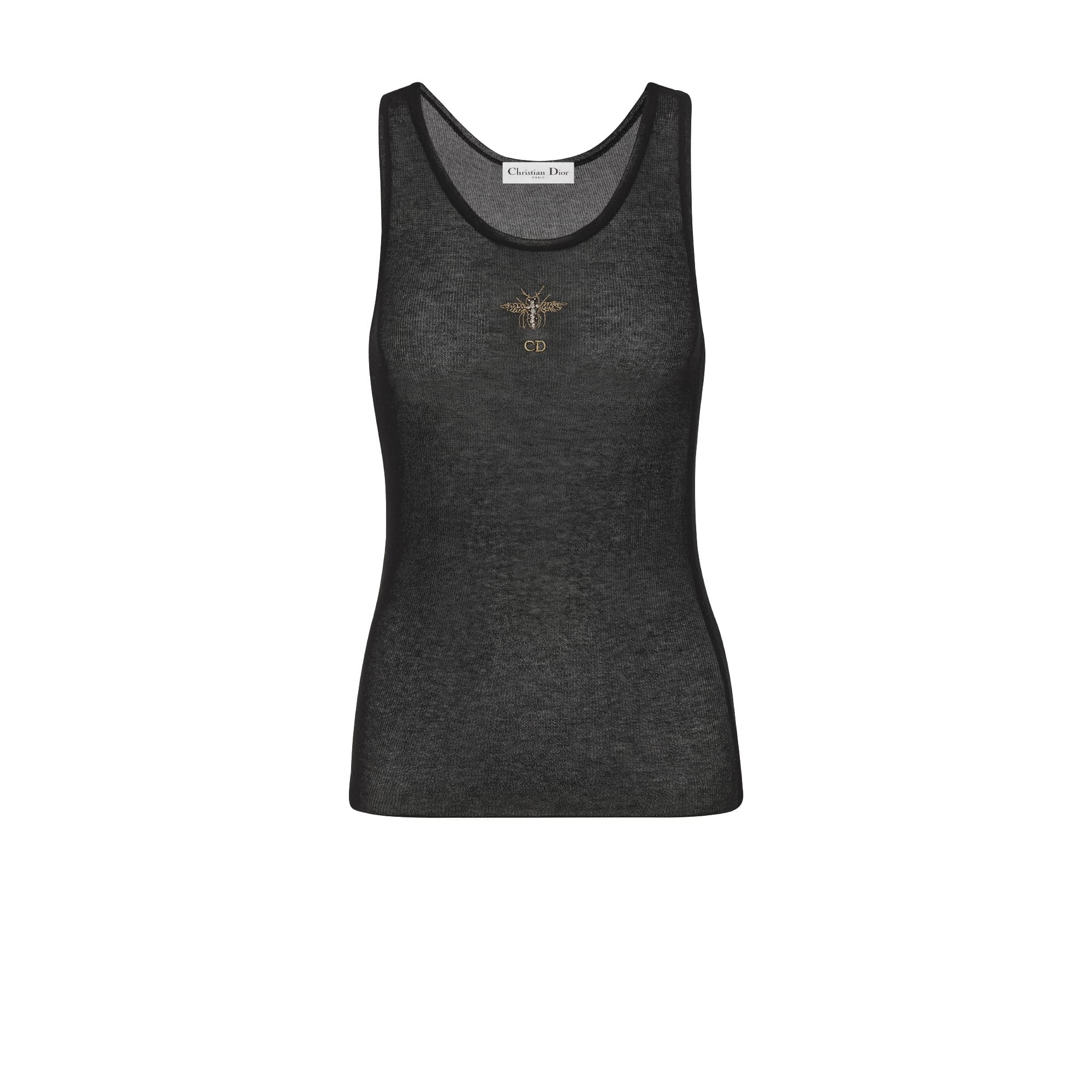 Dior Tank Top Black Cotton Technical Mesh with Bee Embroidery