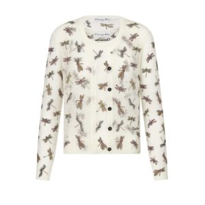 Dior Twinset White Mohair and Alpaca Blend Knit with Multicolor Dragonfly Motif