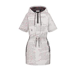 Dioramour Hooded Short Dress White Technical Taffeta Jacquard with Black and Red Je Vous Adore Motif