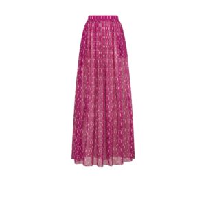 Dior Long Pleated Skirt White Cotton Muslin with Fuchsia Miss Dior Allover Motif