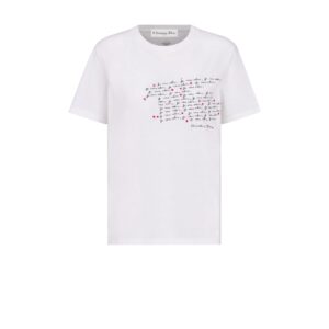 Dioramour Embroidered T Shirt White Cotton and Linen Jersey with Black and Red Je Vous Adore Motif