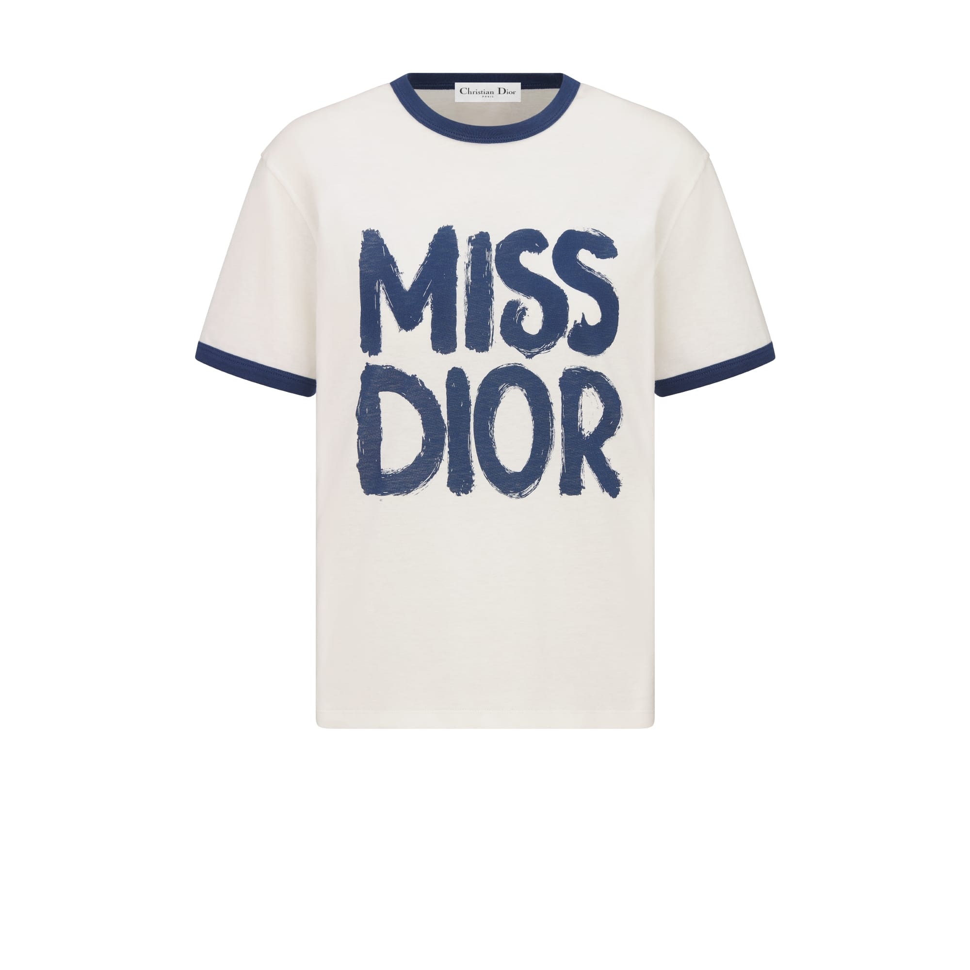 Dior T Shirt White Cotton and Linen Jersey with Blue Miss Dior Graffiti Motif