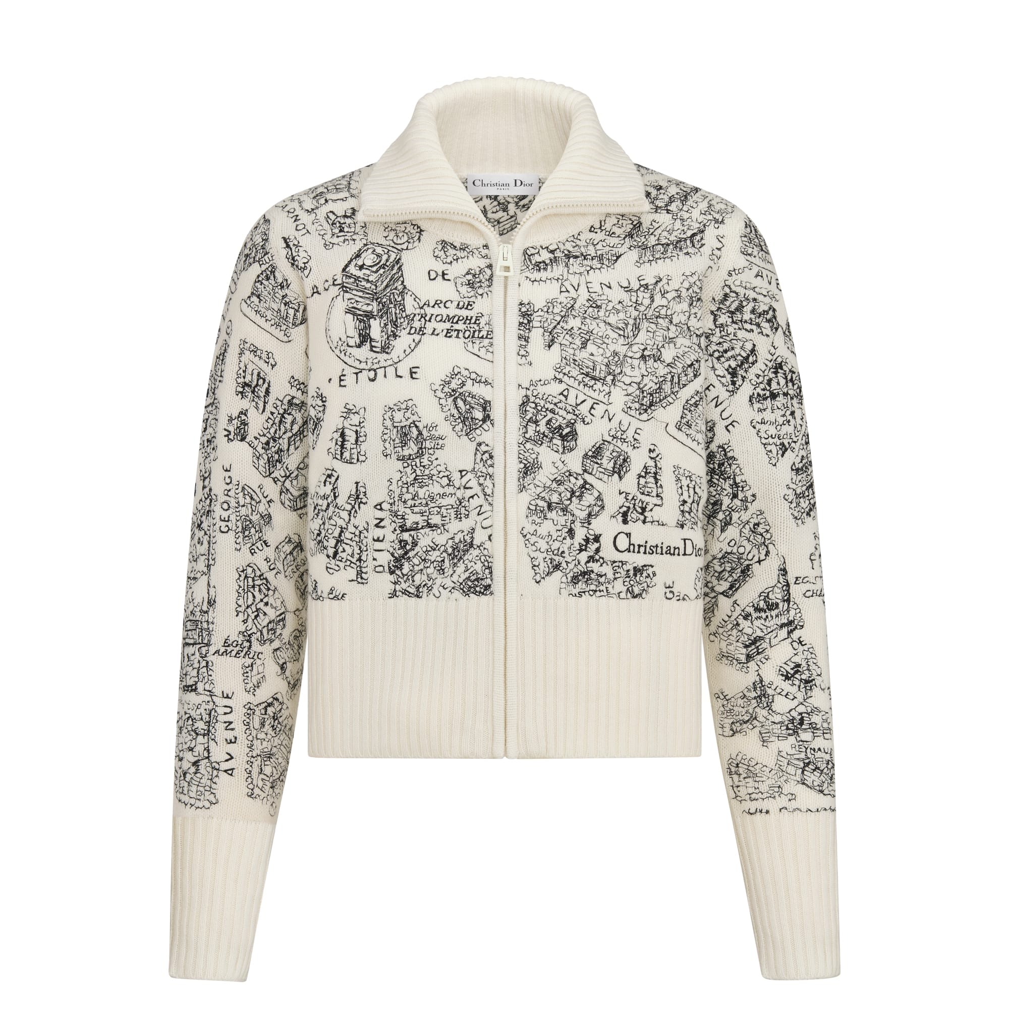DiorAlps Mock Neck Cardigan White and Black Wool and Cashmere Knit with Plan de Paris Motif