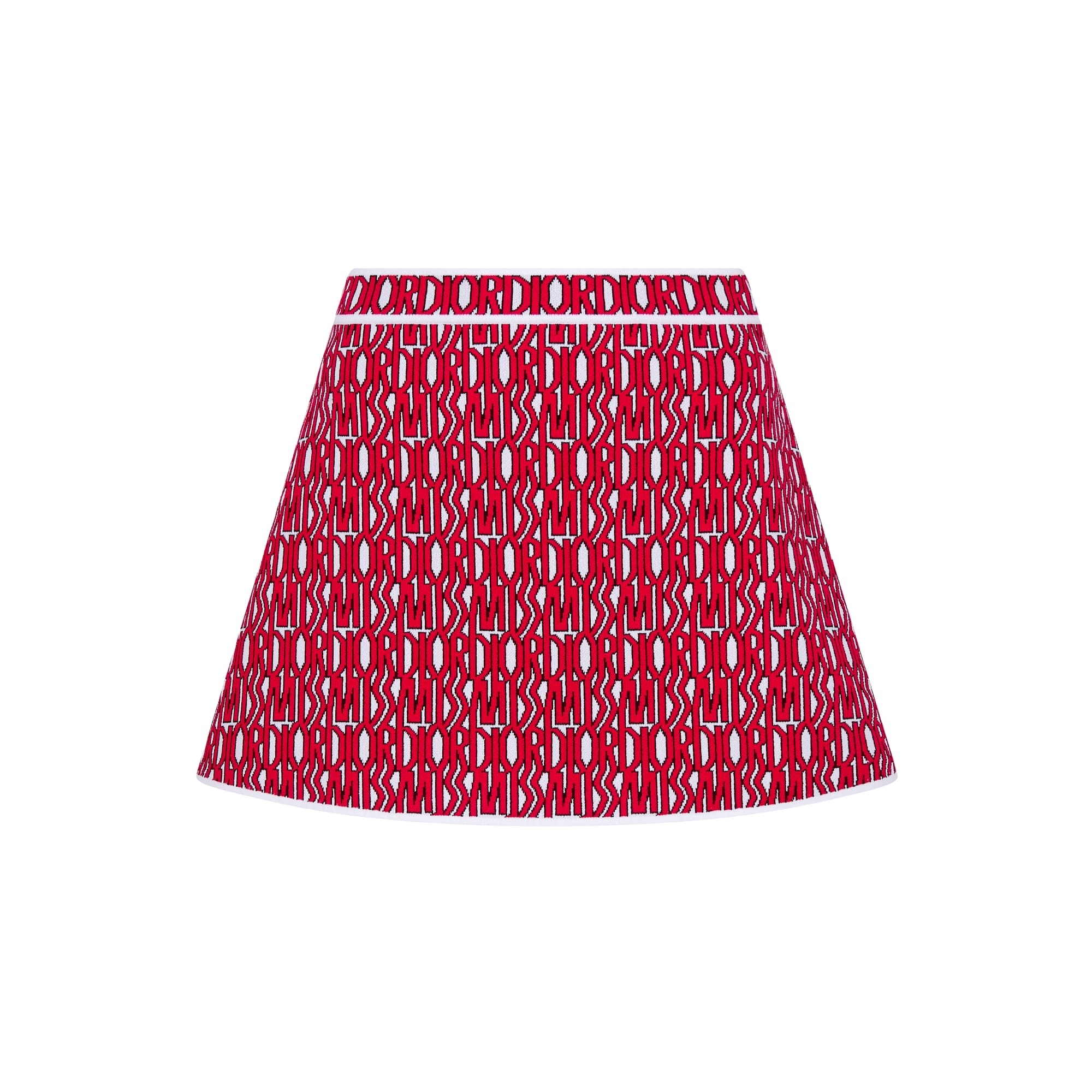 Dior Flared Miniskirt White Technical Knit with Red Miss Dior Allover Motif