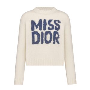 Dior Sweater Ecru Cashmere and Silk Knit with Blue Miss Dior Graffiti Motif