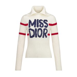 DiorAlps Mock Neck Sweater White Virgin Wool and Cashmere Knit with Blue Miss Dior Graffiti Motif