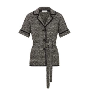Dior Short Sleeved Belted Jacket Black Wool Blend Heathered Textured Knit