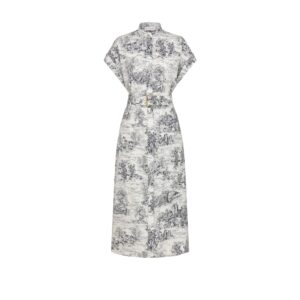 Dior Mid Length Shirtdress White Cotton and Silk Poplin with Blue Toile de Jouy Scotland Motif