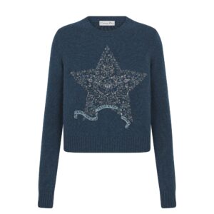 Dior Embroidered Sweater Blue Cashmere Knit with Multicolor Dior Around the World Motif