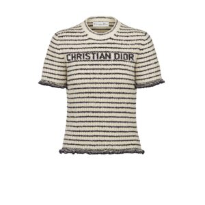 Dior Mariniere Short Sleeved Top Navy Blue and White Ribbed Cotton Knit