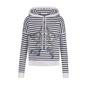 Dior Mariniere Hooded Sweater Navy Blue and White Linen Cashmere and Silk Knit with Multicolor Dior Around the World Motif