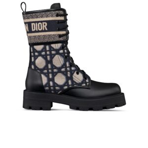 Dior D-Major Ankle Boot Black Calfskin with Deep Blue and Beige Embroidered Cannage Cotton