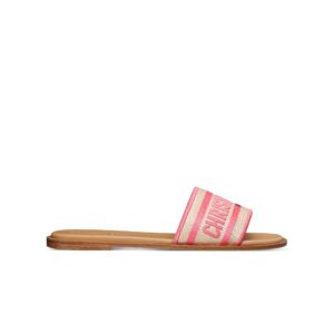 Dioriviera Dway Slide Natural Raffia and Candy Pink Embroidered Cotton