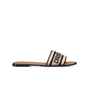 Dior Dway Slide Natural Raffia and Black Embroidered Cotton