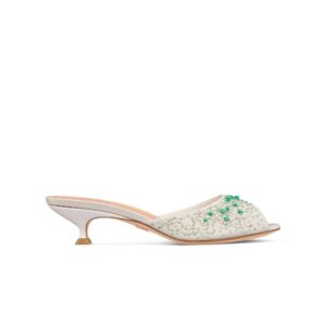 Dioriviera D-Dream Heeled Slide White Lambskin Embroidered with Aquamarina Beads and Silver-Tone Strass