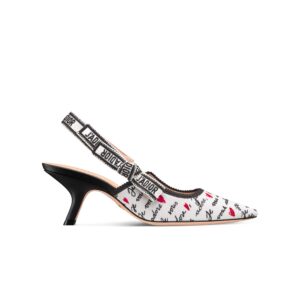 J'Adior Dioramour Slingback Pump White Cotton with Embroidered Black and Red Je Vous Adore Motif