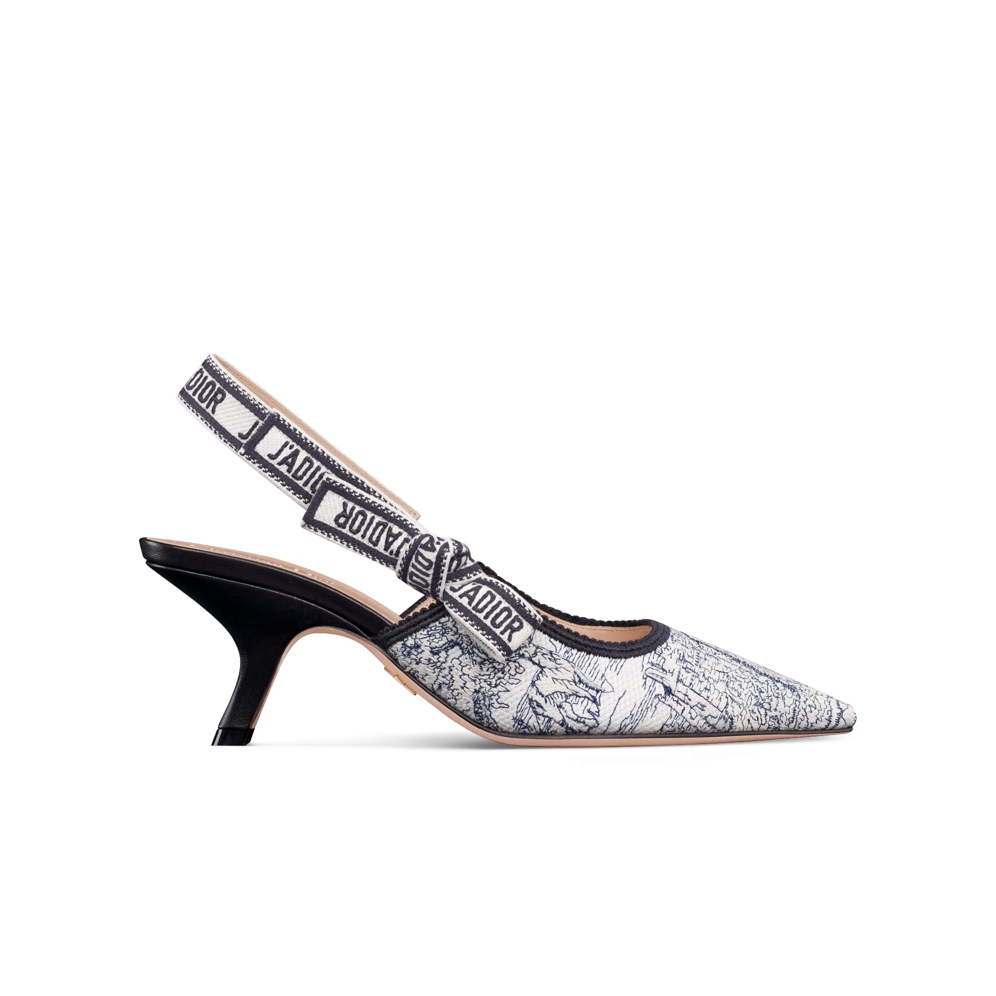 J'Adior Slingback Pump Deep Blue Cotton Embroidered with Toile de Jouy Scotland Motif