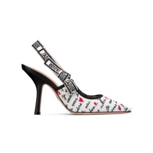 J'Adior Dioramour Slingback Pump White Cotton with Embroidered Black and Red Je Vous Adore Motif