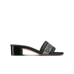 Dior Dway Heeled Slide Black Cotton Embroidered with Metallic Thread and Silver-Tone Strass