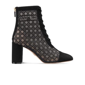 Dior Naughtily-D Heeled Ankle Boot Transparent Mesh Embroidered with Black Cannage Motif and Suede Goatskin