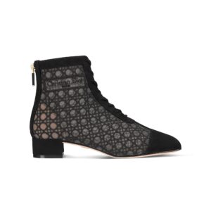 Dior Naughtily-D Heeled Ankle Boot Transparent Mesh Embroidered with Black Cannage Motif and Suede Goatskin