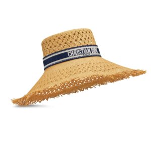 Dioriviera Naughtily-D Large Brim Hat Straw with Navy Blue and White Embroidered Band