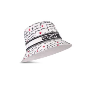 Dioramour D-Bobby Small-Brim Bucket Hat White Black and Red Embroidery