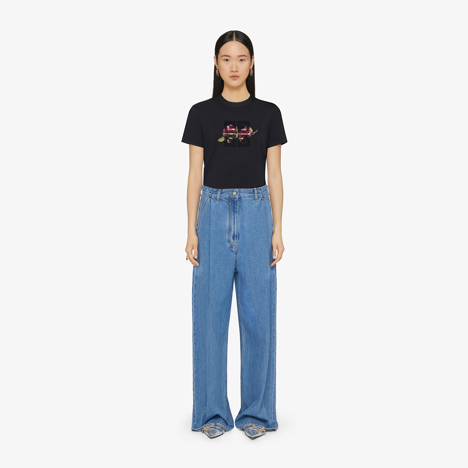 Givenchy Women's 4G Lace Slim Fit T-Shirt In Cotton With Roses Print