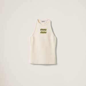 Miu Miu Ribbed Jersey Top With Embroidered Logo