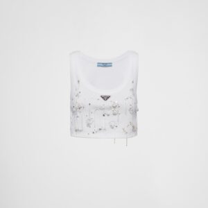 Prada Embroidered Ribbed Knit Jersey Top