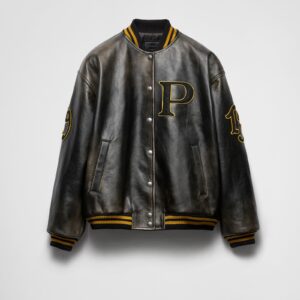Prada Leather Bomber Jacket With Patch