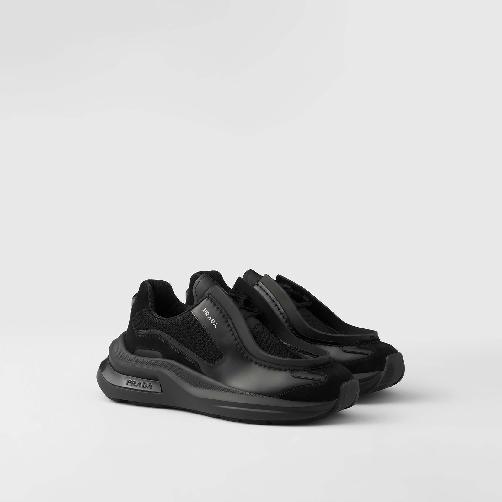 Prada Systeme Brushed Leather Sneakers With Bike Fabric And Suede Elements