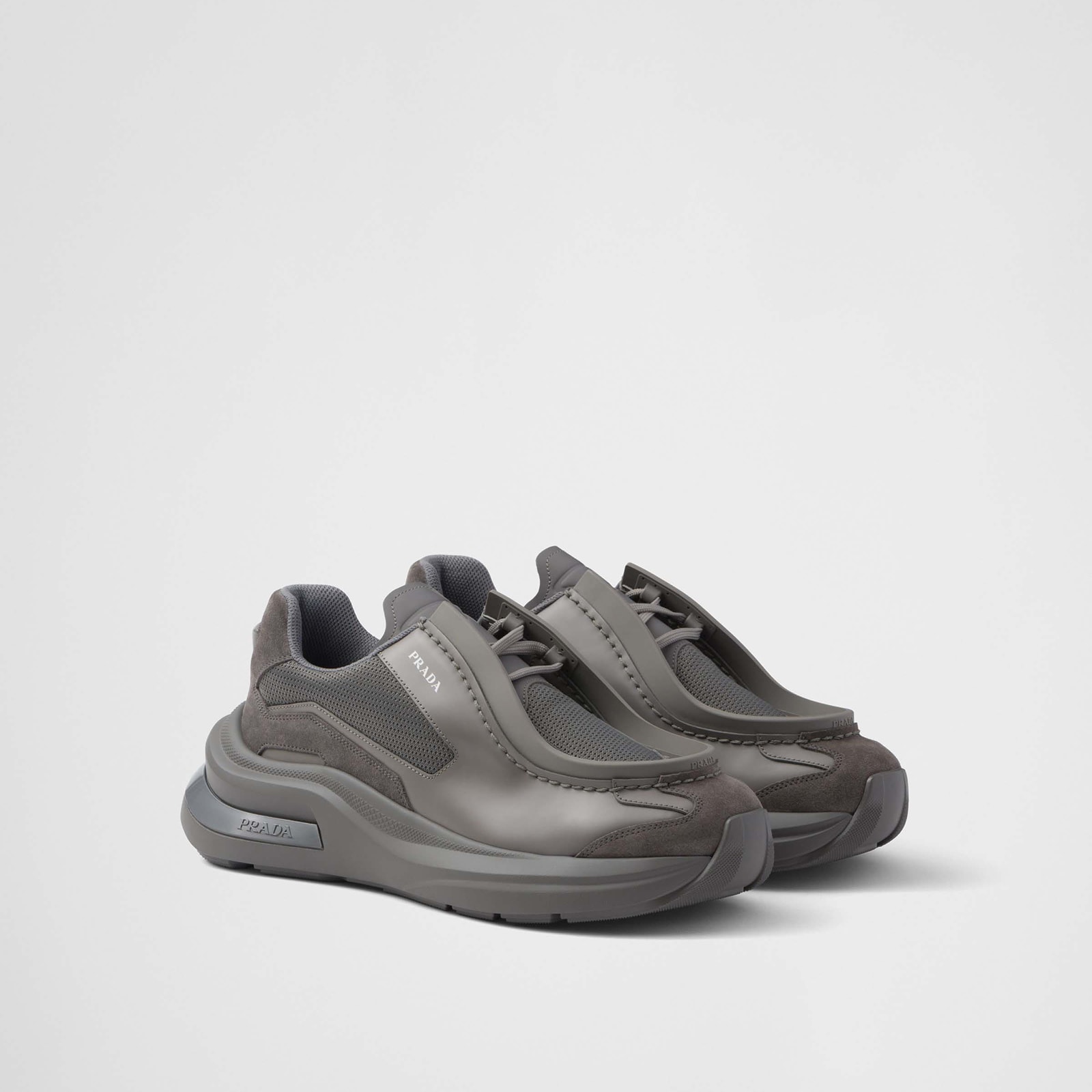 Prada Systeme Brushed Leather Sneakers With Bike Fabric And Suede Elements