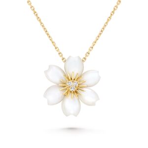 Van Cleef & Arpels Rose De Noel Pendant Mini Model 18K Yellow Gold Diamond Mother-Of-Pearl
