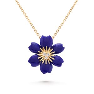 Van Cleef & Arpels Rose De Noel Pendant Mini Model 18K Yellow Gold Diamond Lapis Lazuli
