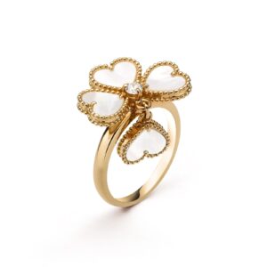 Van Cleef & Arpels Sweet Hearts Ring 18K Yellow Gold Diamond Mother-Of-Pearl