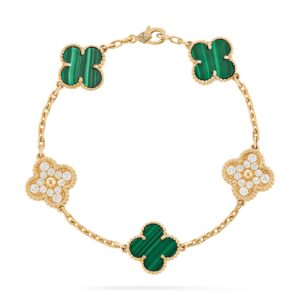 Van Cleef & Arpels Vintage Alhambra Bracelet 5 Motifs 18K Yellow Gold Diamond Malachite