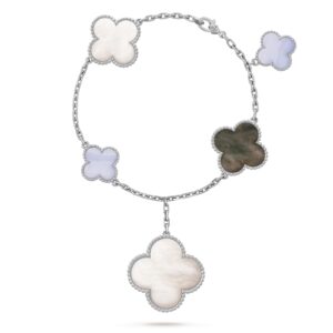 Van Cleef & Arpels Magic Alhambra Bracelet 5 Motifs 18K White Gold Chalcedony Mother-Of-Pearl