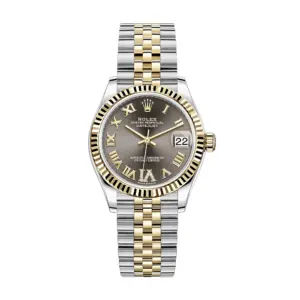 Fake Rolex Replica Watches Lady-Datejust 31 Yellow Gold/Steel Dark Grey Roman Diamond VI Dial & Fluted Bezel Jubilee Bracelet 278273