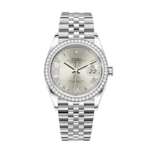 Fake Rolex Replica Watches Datejust 36 White Gold/Steel Silver Roman Diamond VIIX Dial & Diamond Bezel Jubilee Bracelet 126284RBR