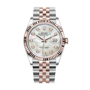 Fake Rolex Replica Watches Datejust 36 Rose Gold/Steel White Mother of Pearl Diamond Dial & Fluted Bezel Jubilee Bracelet 126231